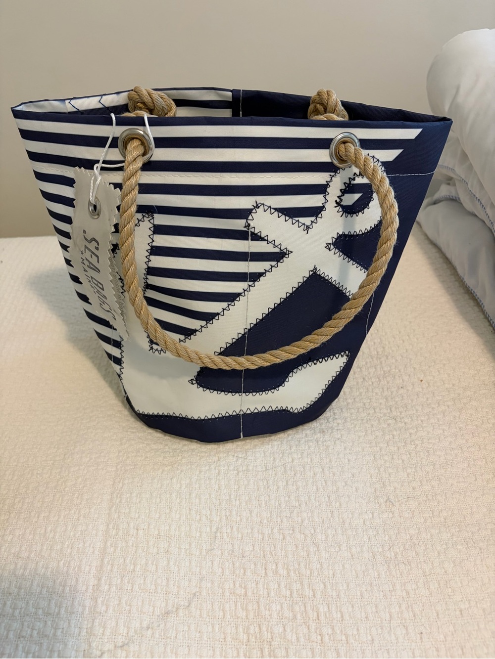 Nautical Stripe Anchor Tote Bag with Rope Handles - Navy/White